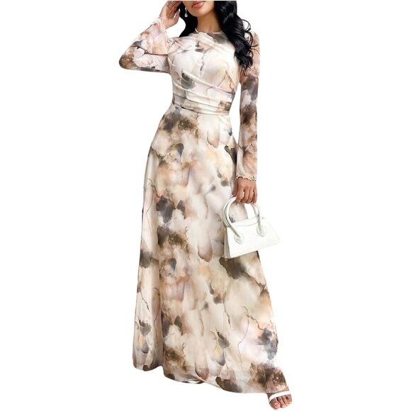 Women's Mesh Maxi Dress Fall Formal Boho Wedding Party Cocktail Tie Dye - Picture 1 of 5